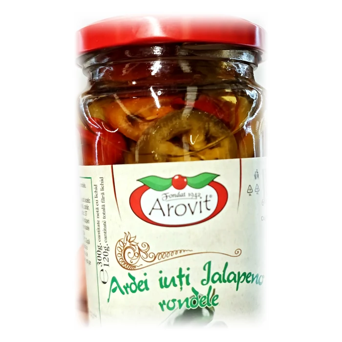 Arovit Ardei iuți jalapeno rondele — jalapeño rossi e verdi a rondelle sott'aceto