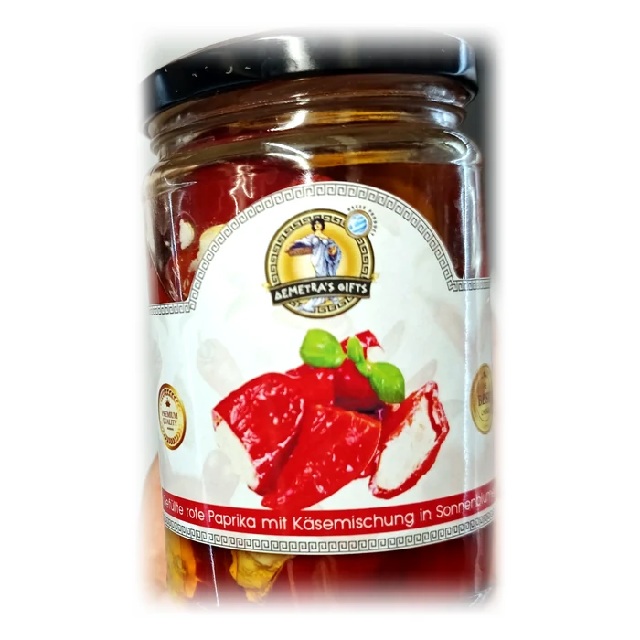 Demetra's Gifts Gefüllte rote Paprika mit Käsemischung — peperoni rossi ripieni di formaggio in olio di girasole
