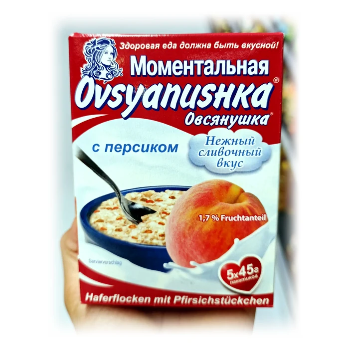 Овсянушка Моментальная каша с персиком — porridge d'avena istantaneo alla pesca, gusto panna
